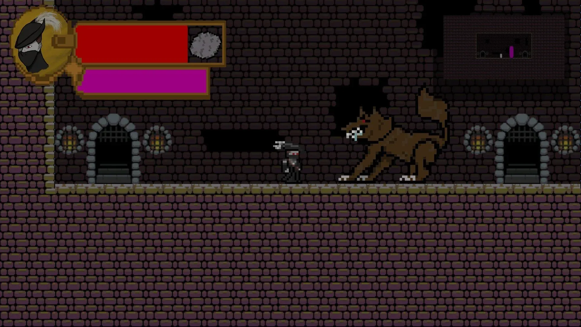 Screenshot of Shattered Moon showing a pixel art character in dark attire facing a large snarling werewolf enemy in a torchlit gothic stone corridor, with health and mana bars visible in the top left.