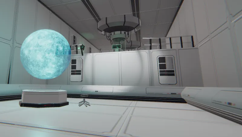 Screenshot of Dust and Departure showing a misty alien landscape with tall pine trees, a large planet looming in the sky, and a glass dome object in the foreground.