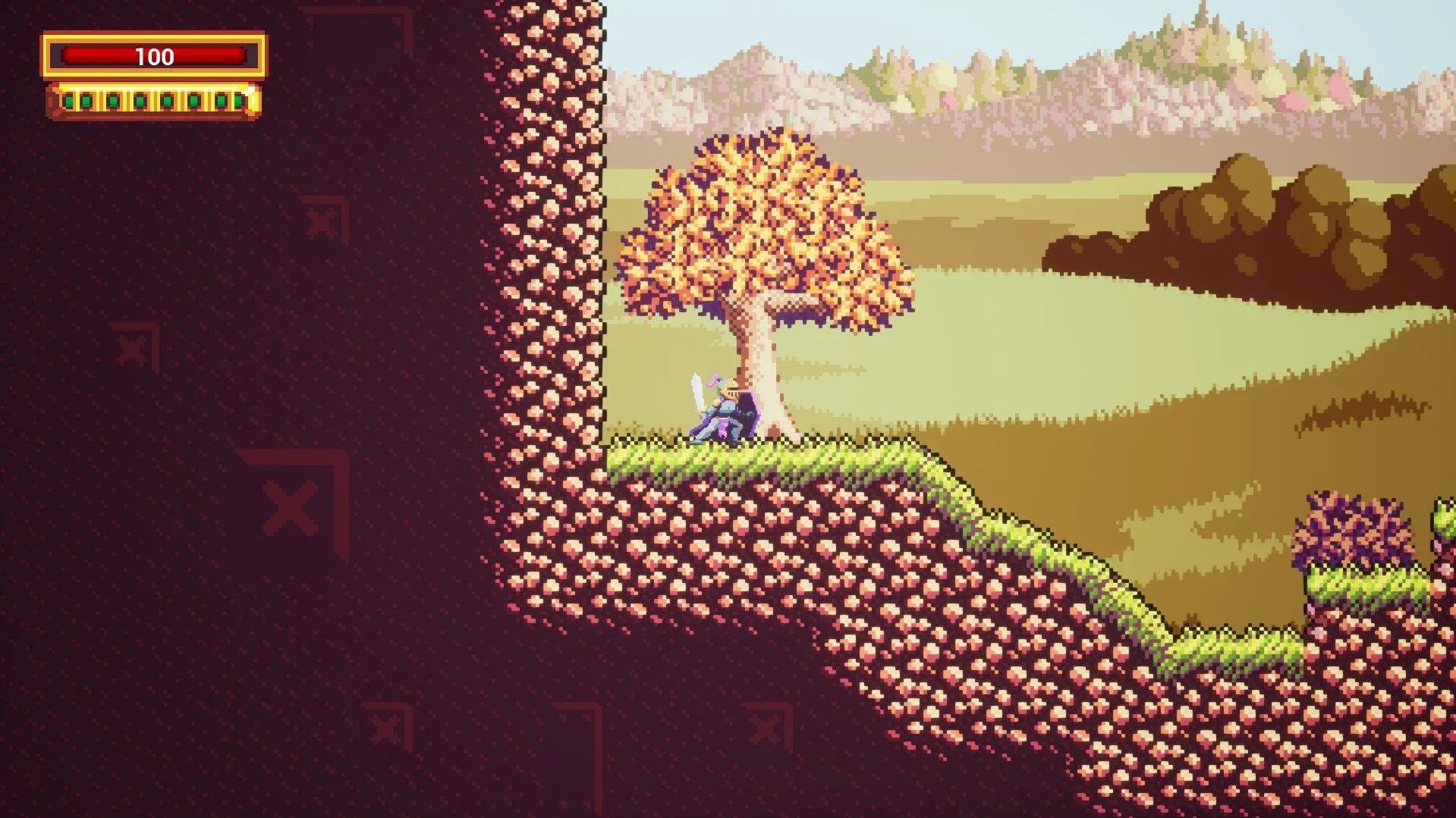 Screenshot of Gravetide showing a pixel art knight jumping through a vibrant outdoor level with purple stone ruins, green grass, and a misty mountain backdrop, with HUD elements in the top corners.