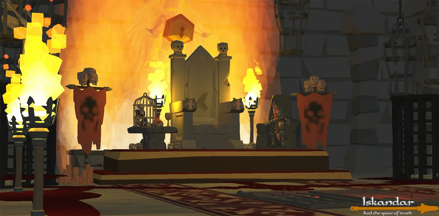Screenshot of Iskandar The Spear of Truth showing a dimly lit throne room with a menacing skull-adorned throne, red banners, torches, and a caged prisoner on the left.