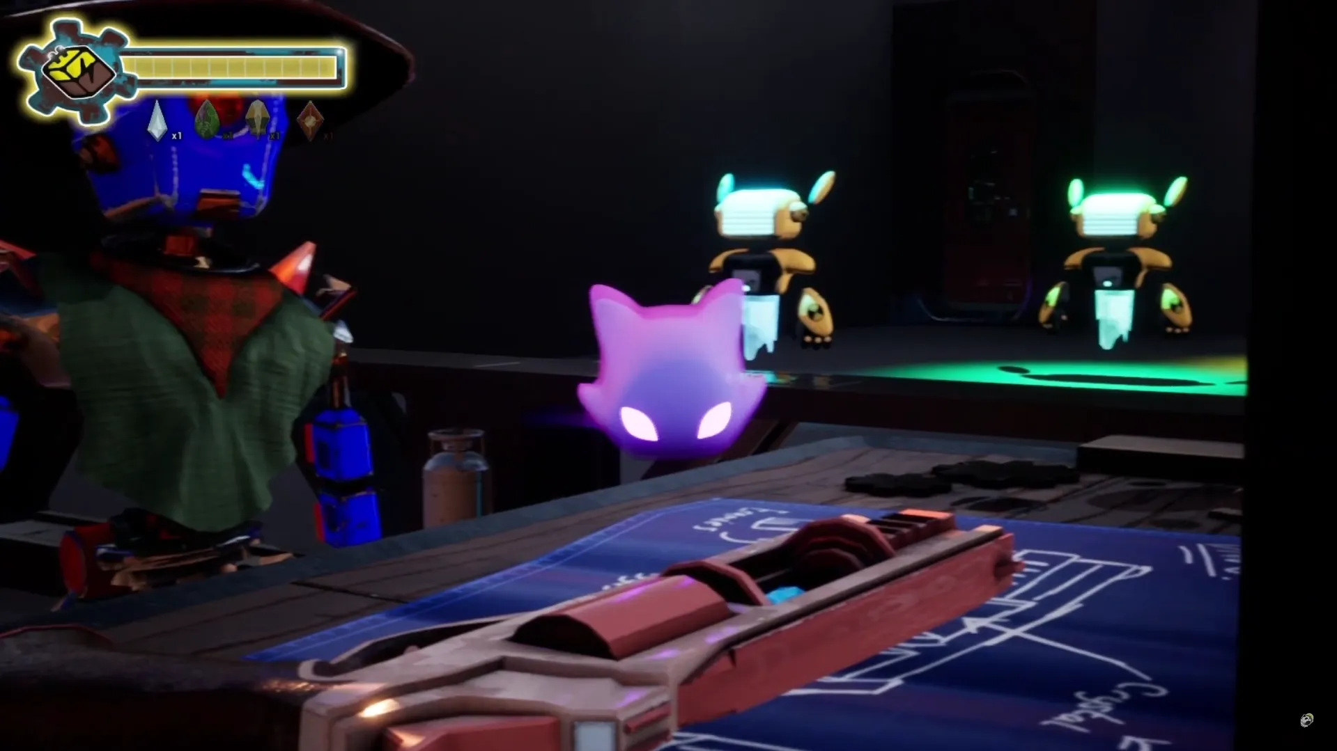 Screenshot of Equi & Aca showing Aca, a glowing purple cat-like spirit companion, floating in a sci-fi workshop environment.